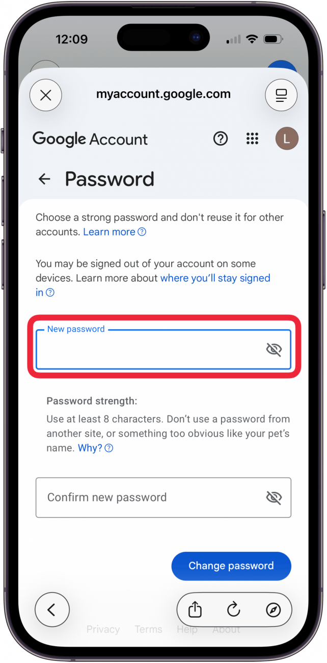 tap new password field