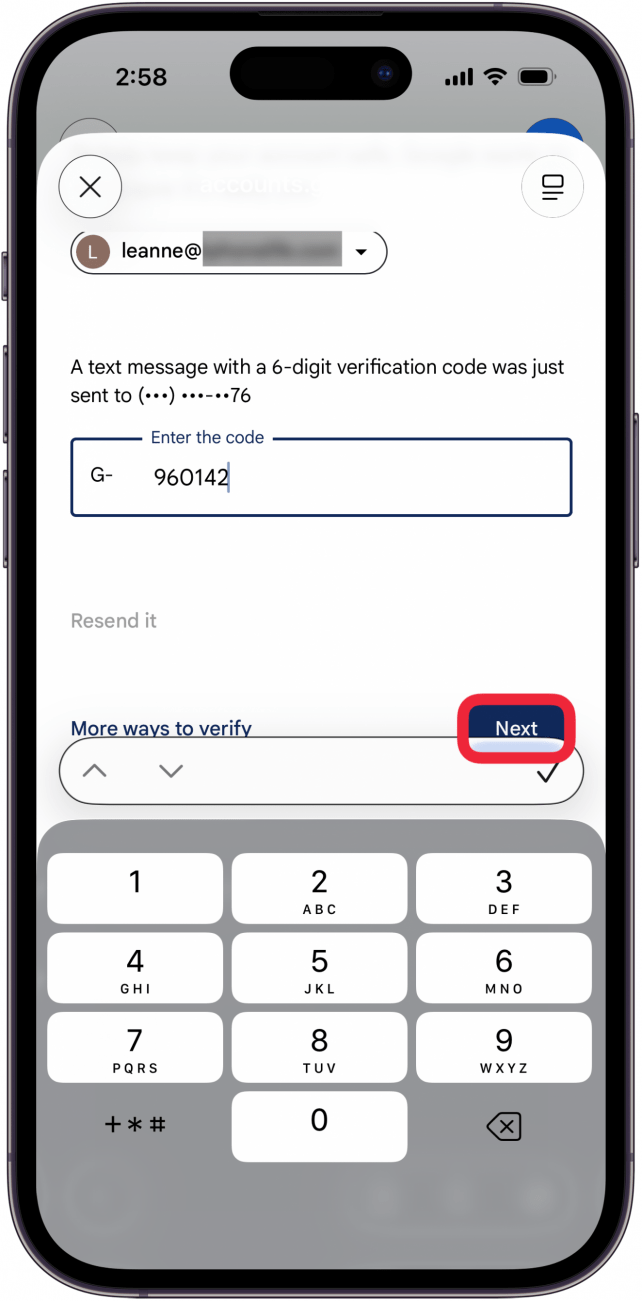 tap next after entering security code tap next after entering security code