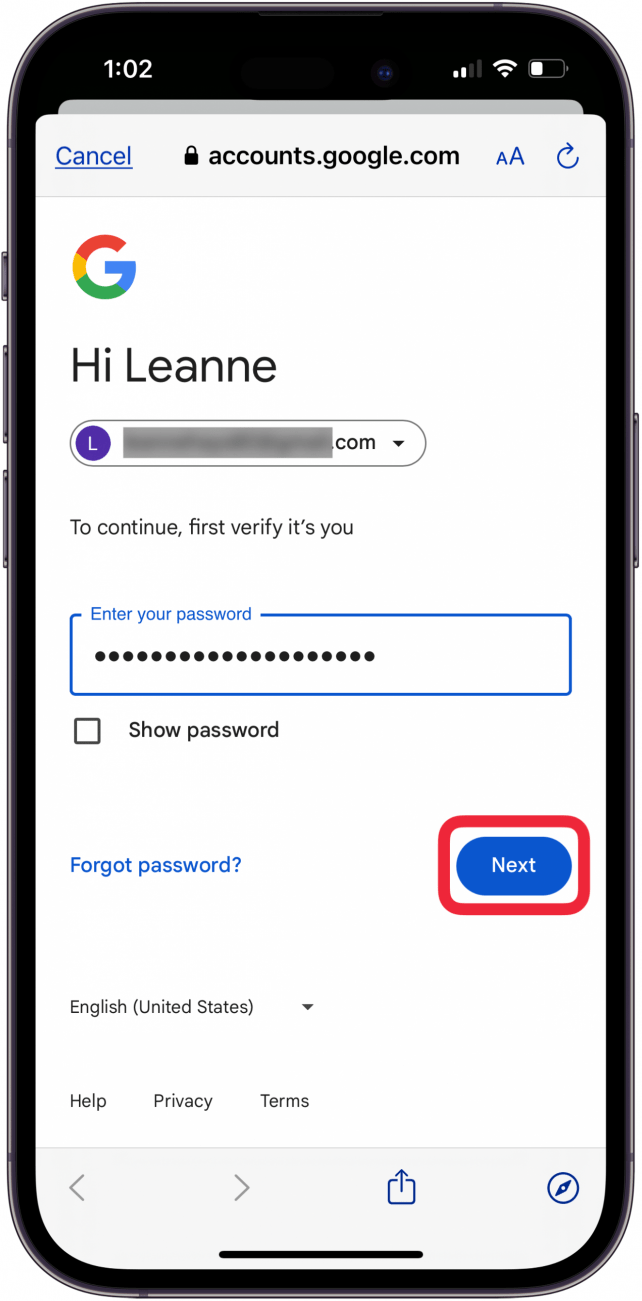 tap next to google reset password