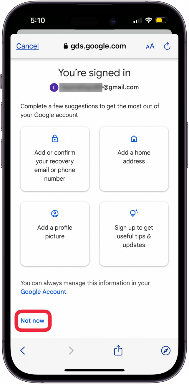 tap not now in google account