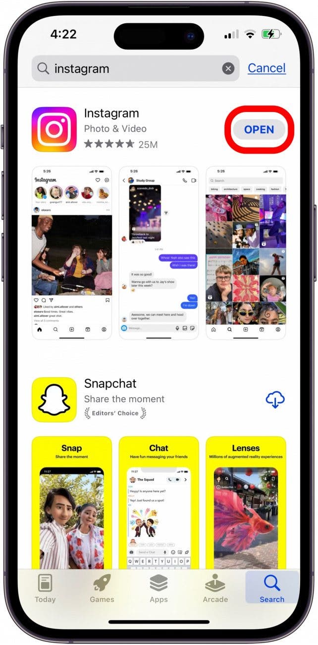 tap open if app is already on iphone