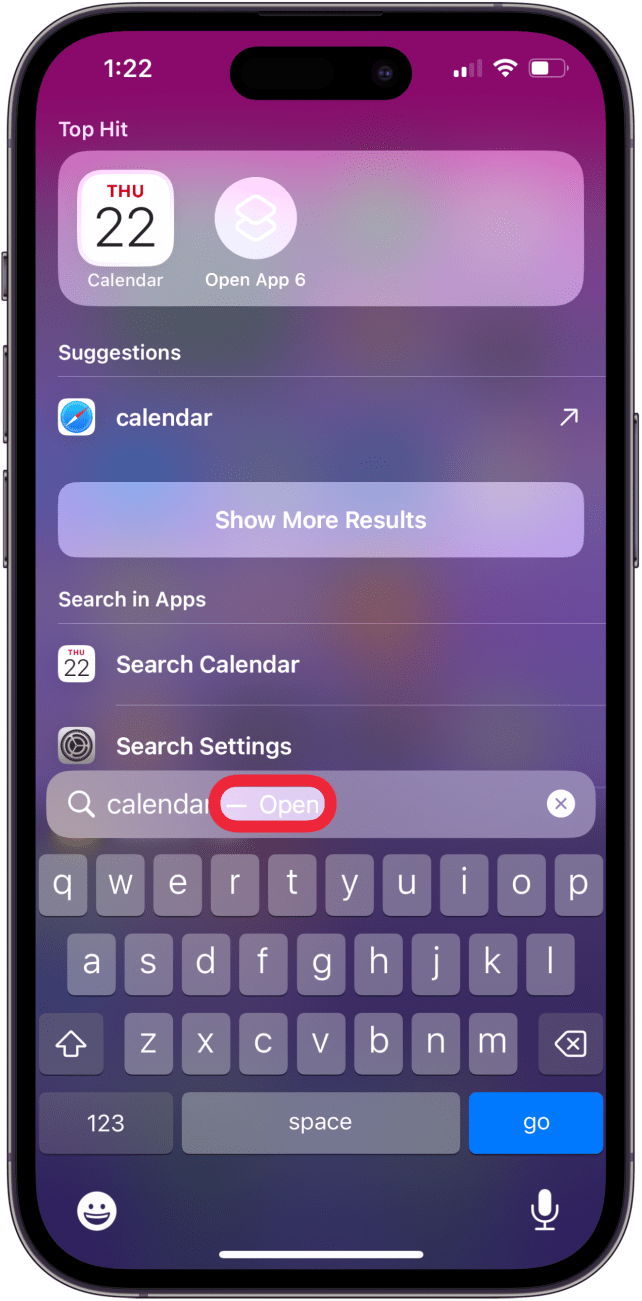 tap open in search bar to open calendar app