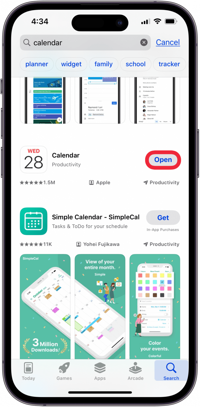 tap open to add calendar to home screen again