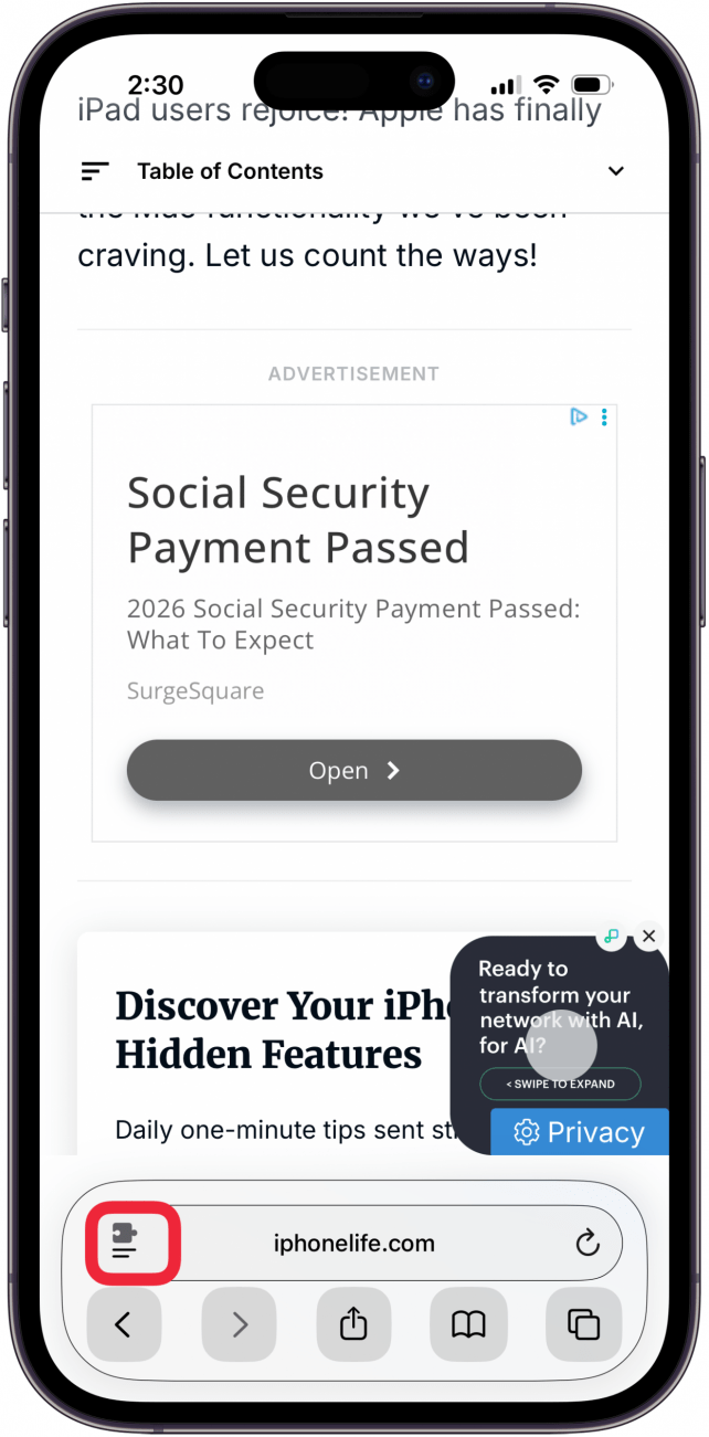 tap page menu button in smart search field