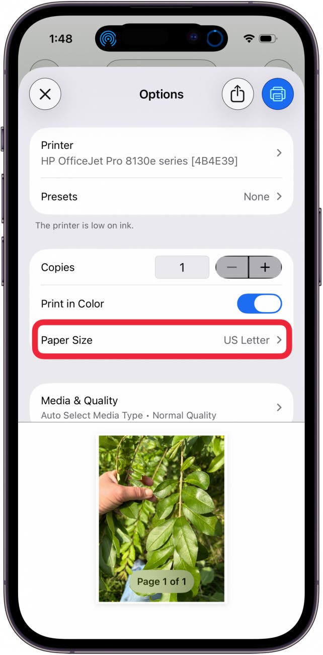 tap paper size to choose photo size