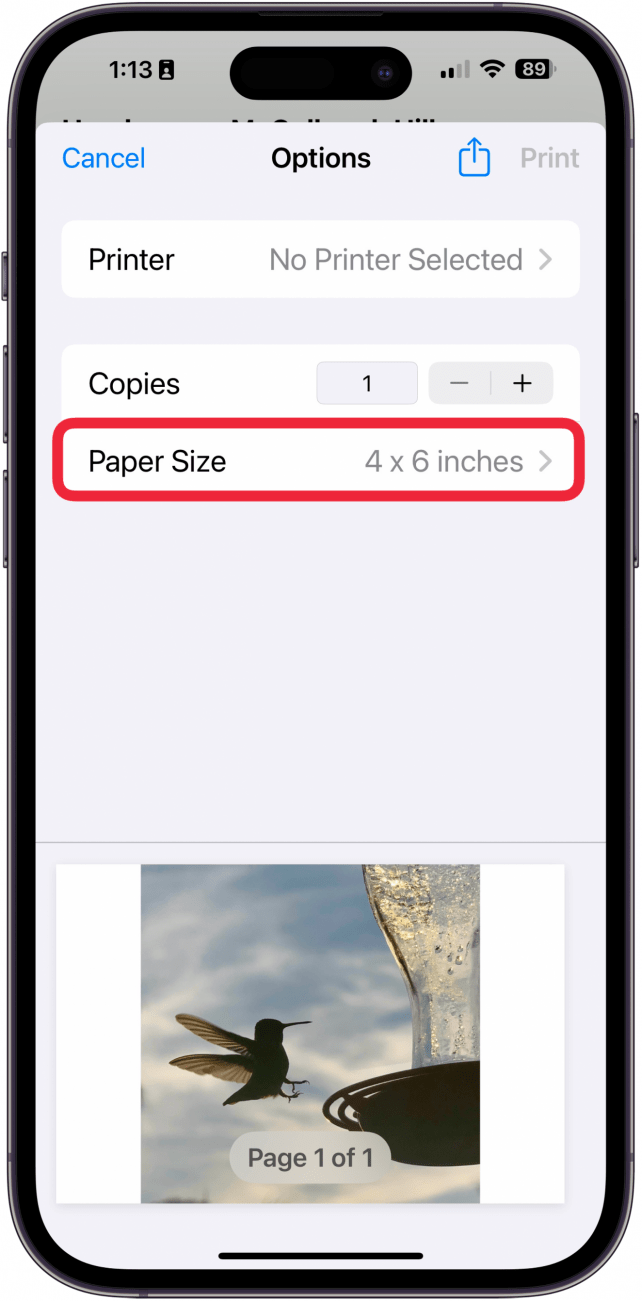 tap paper size to choose size of iphone picture