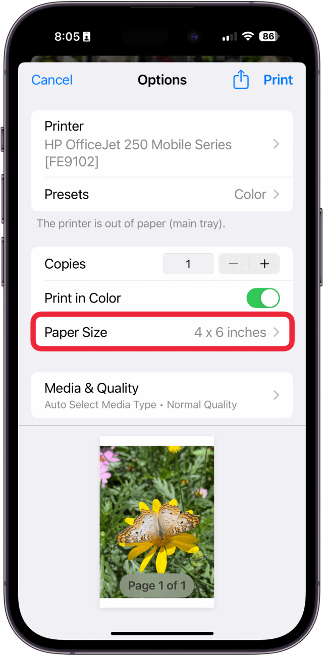 tap paper size to print smaller pictures from your iphone