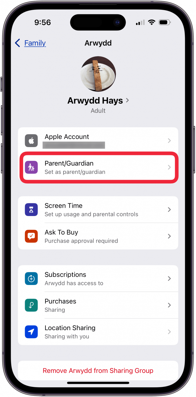 tap parent/guardian to add parent to apple family group