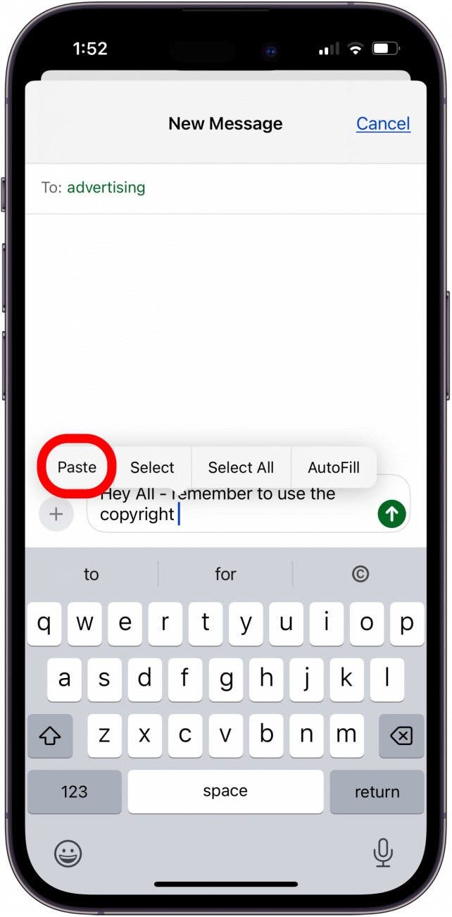 tap paste to add copyright symbol iphone or ipad