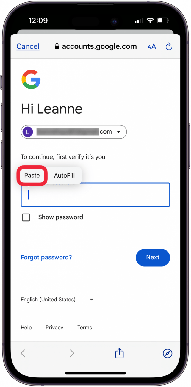 tap paste to paste google password into field