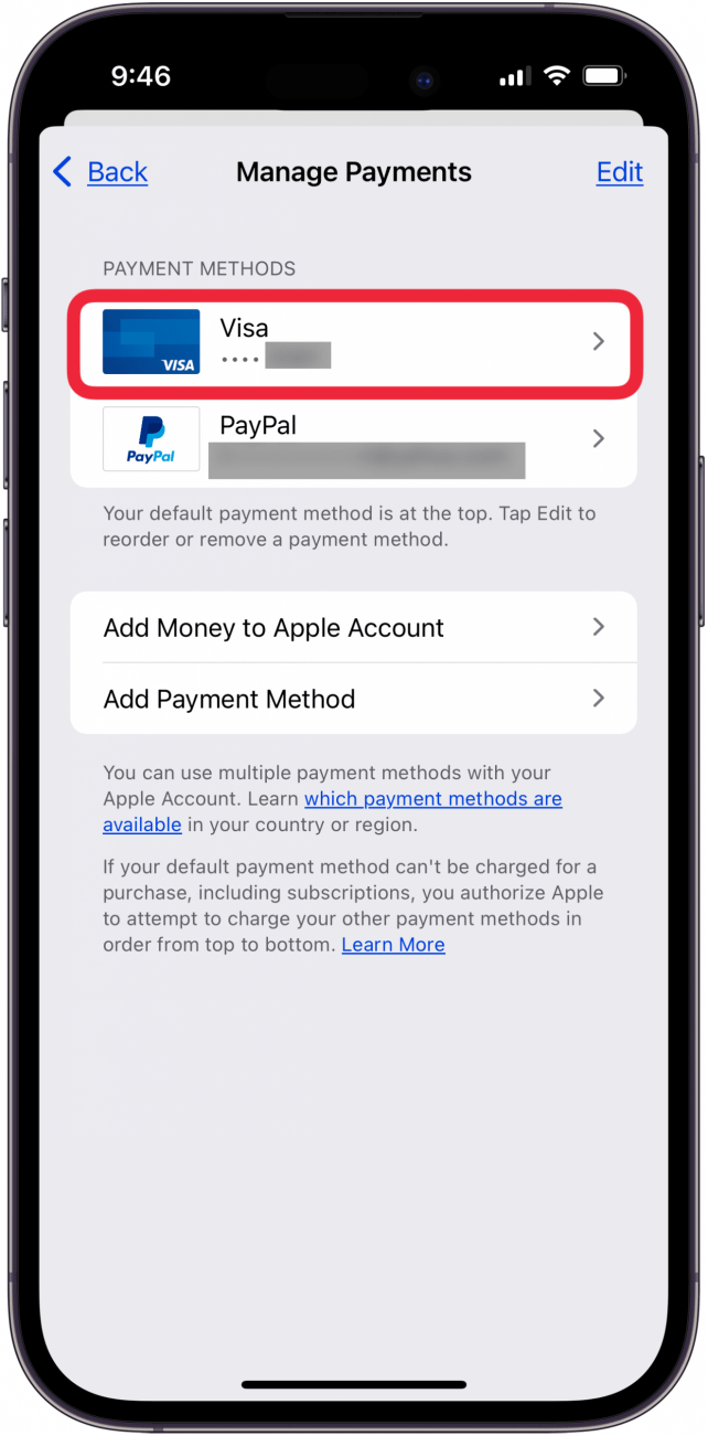 tap payment method to edit it