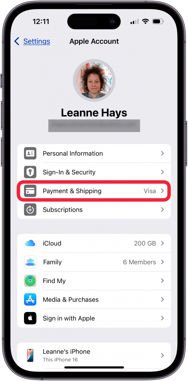 tap payment & shipping in settings apple id
