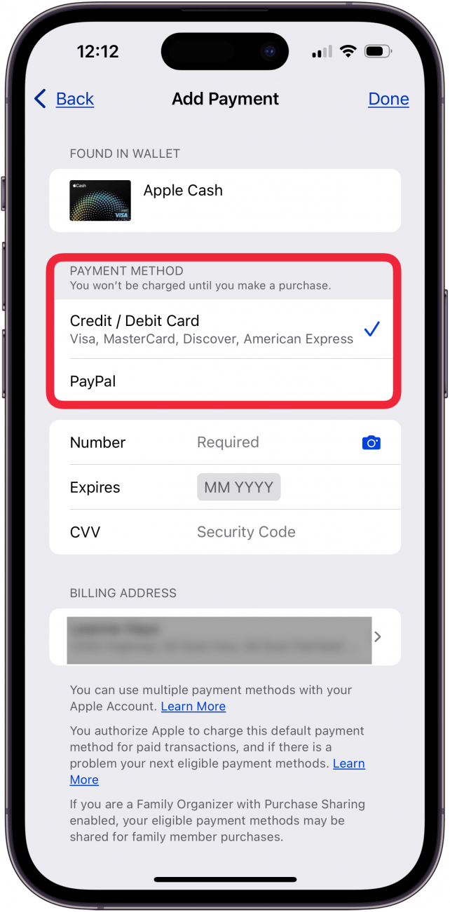 tap payment type to add in apple id settings