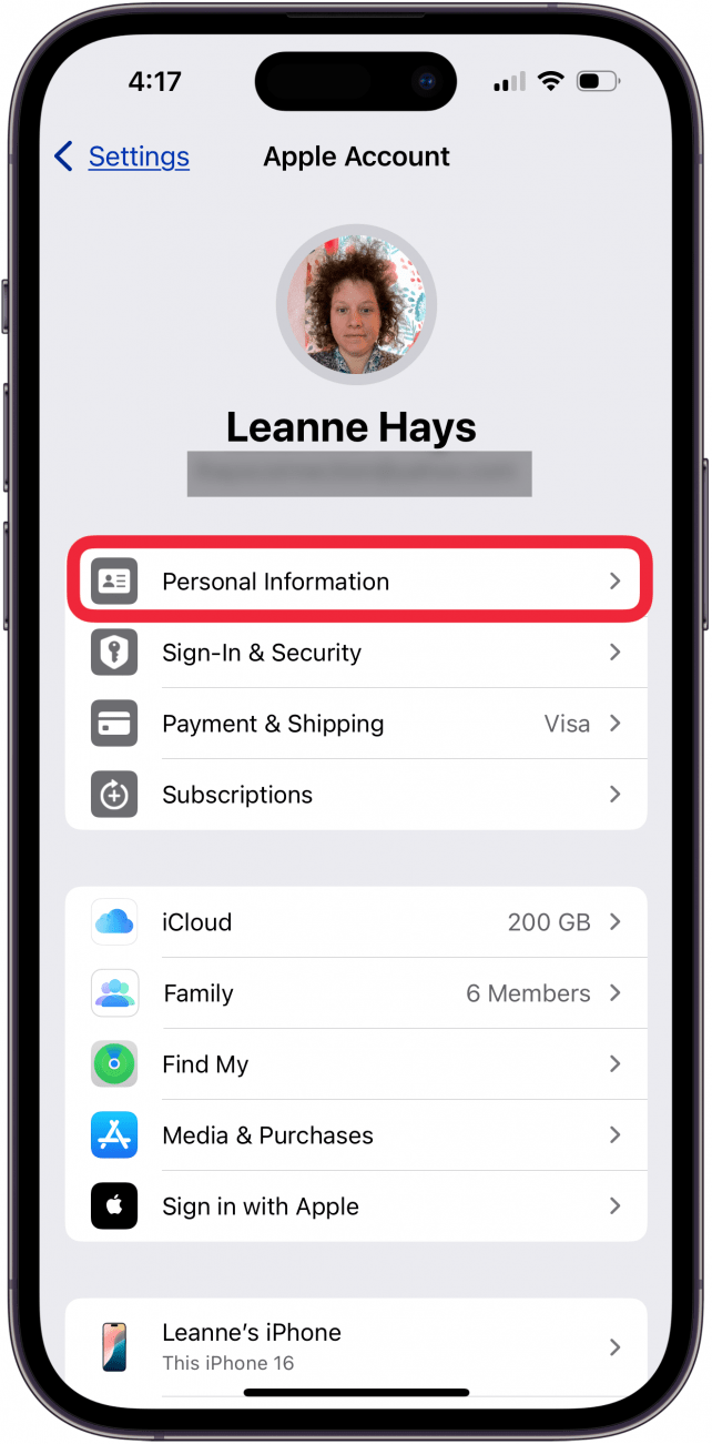 tap personal information in icloud info