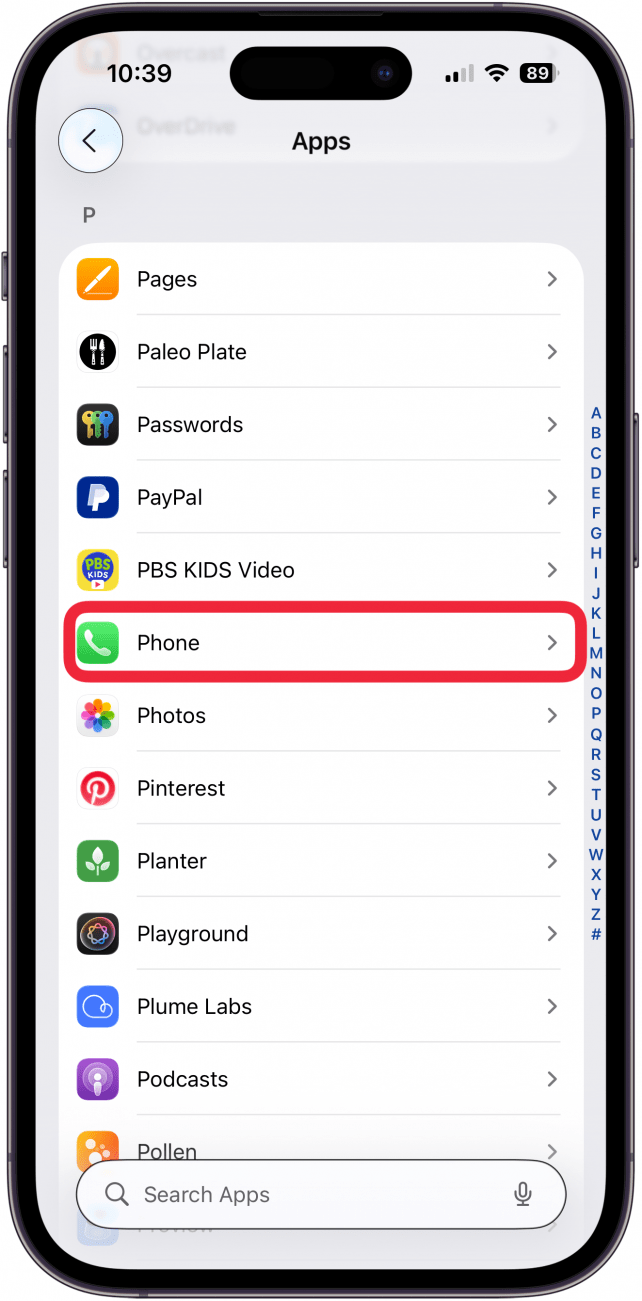 tap phone in apps settings