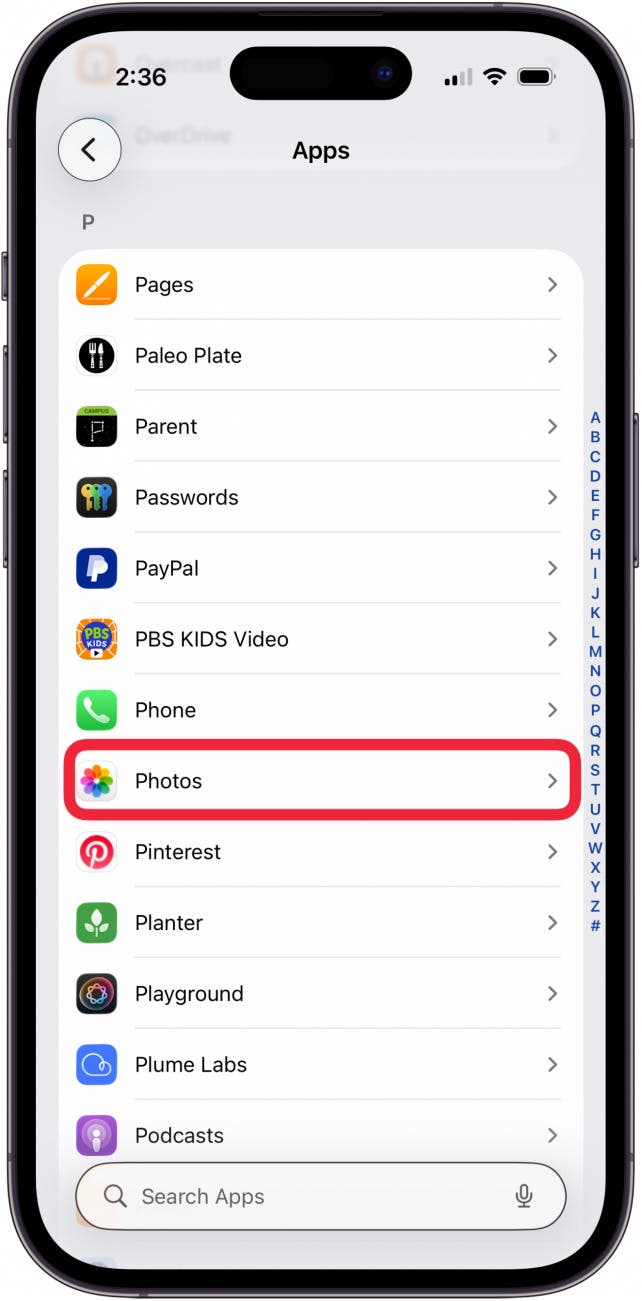tap photos in apps settings tap photos in apps settings