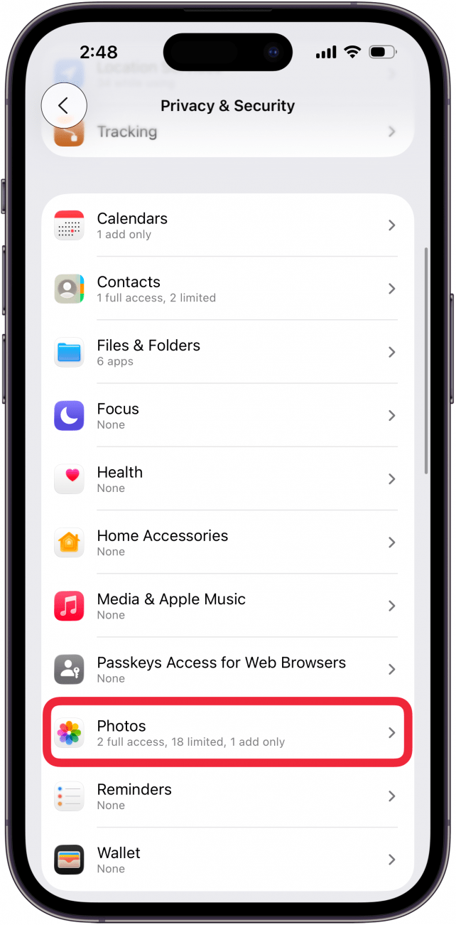 tap photos in privacy and security settings