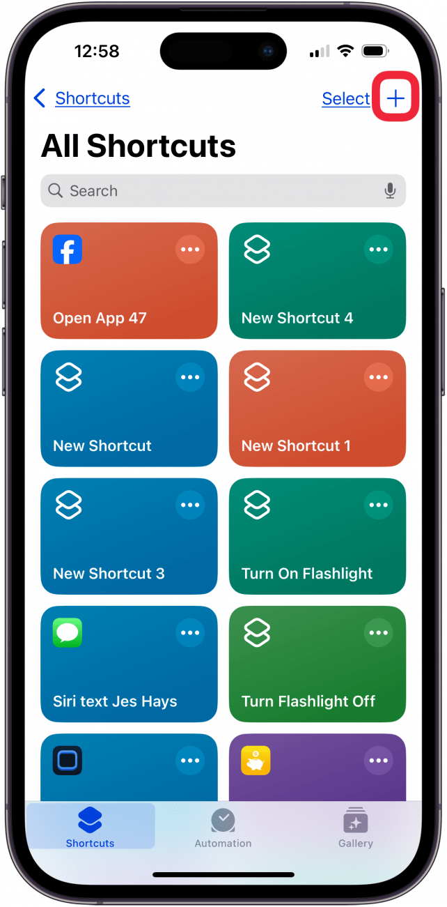 tap plus icon in shortcuts app