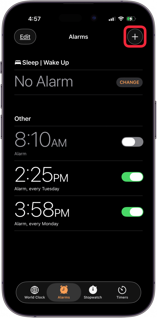 tap plus icon to add an alarm