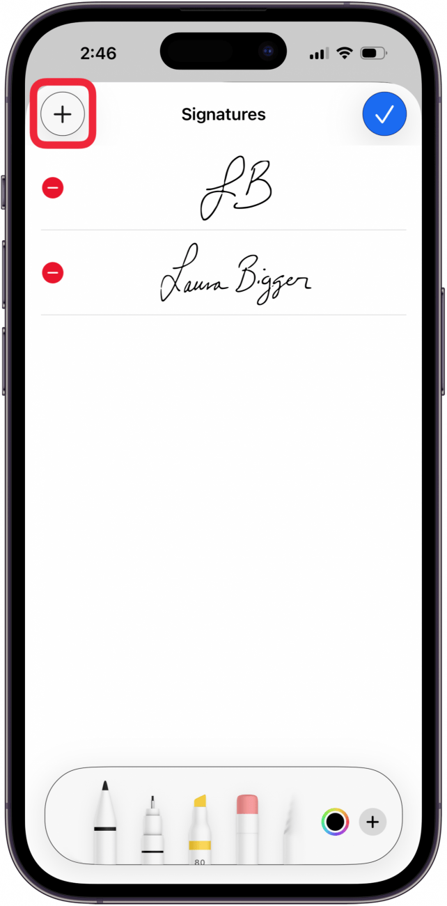 tap plus icon to add your signature