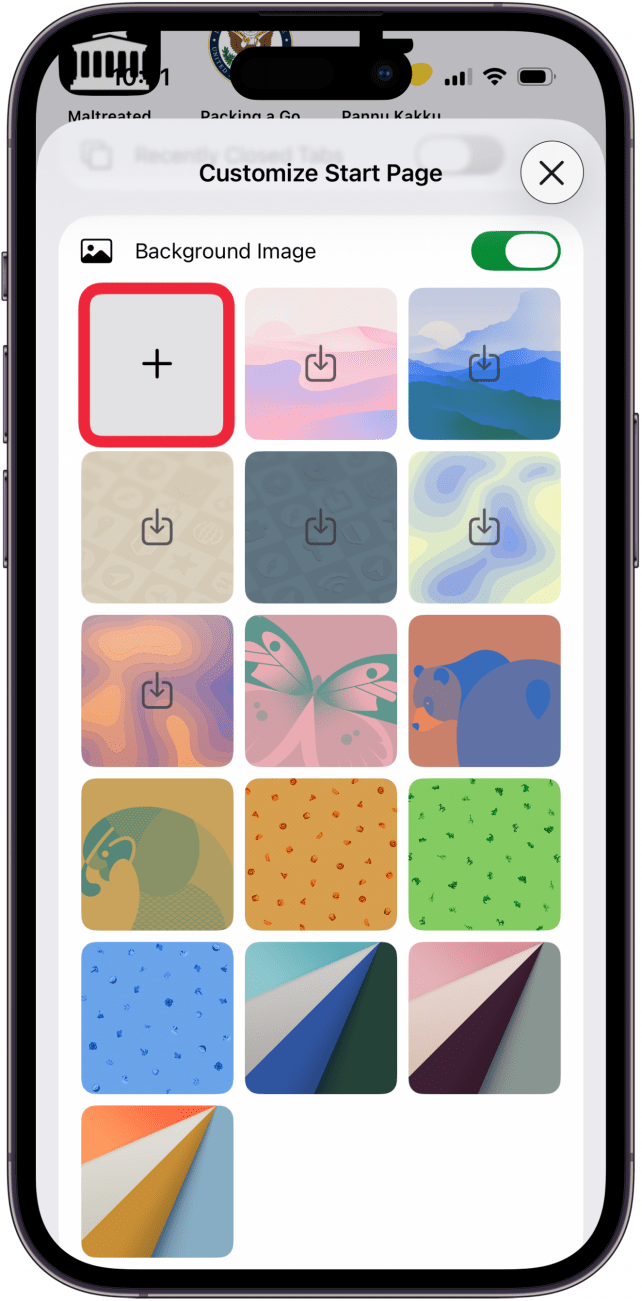 tap plus icon to choose background from photos