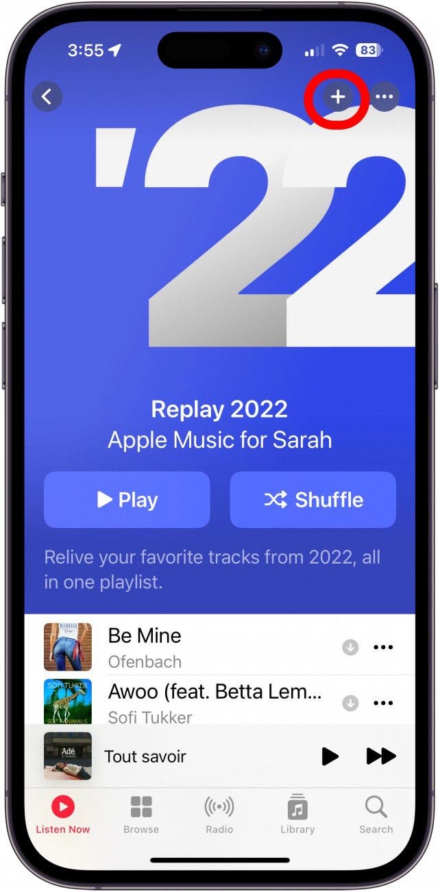 tap plus sign to add apple replay playlist