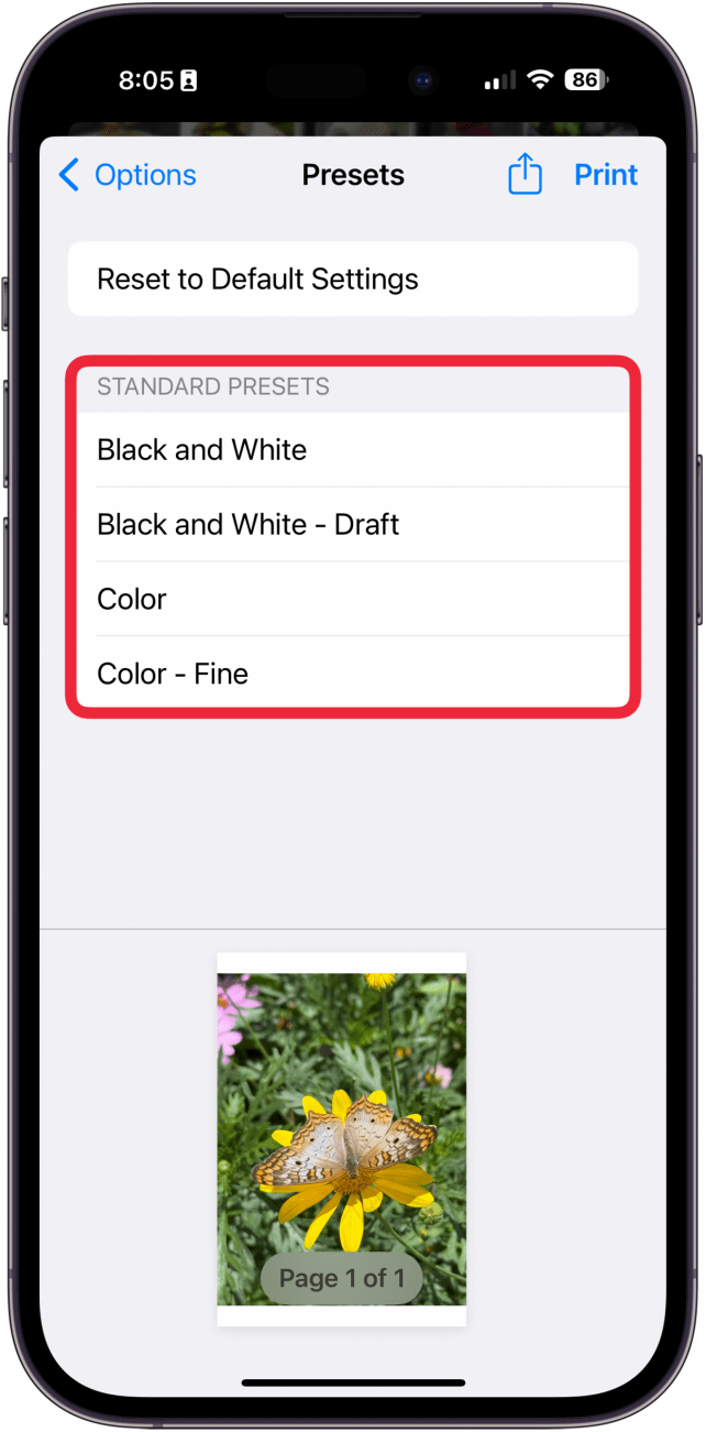 tap preset in photo printing menu