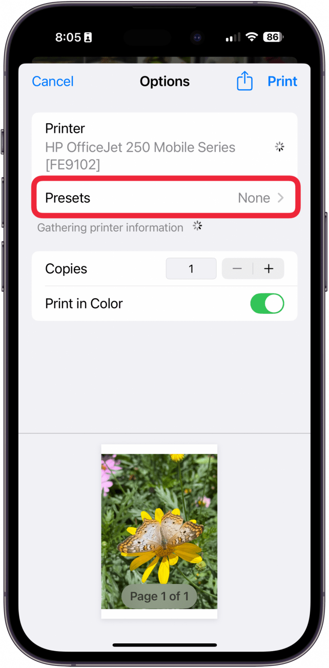 tap presets to choose iphone printer photo size
