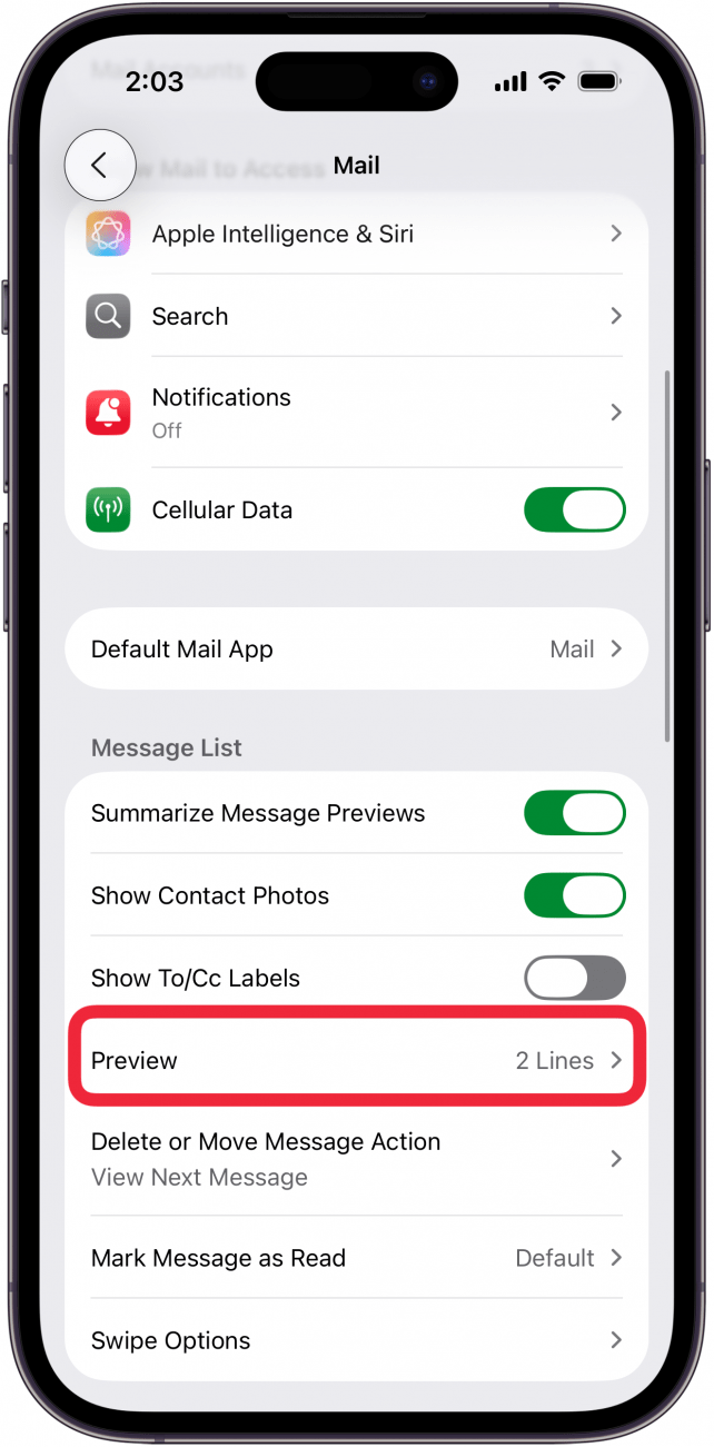 tap preview in mail settings
