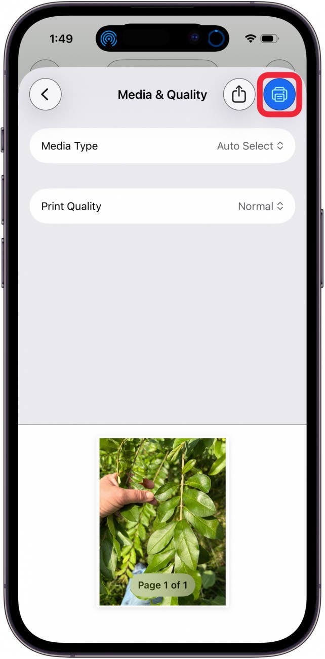 tap print icon to print photo from iphone