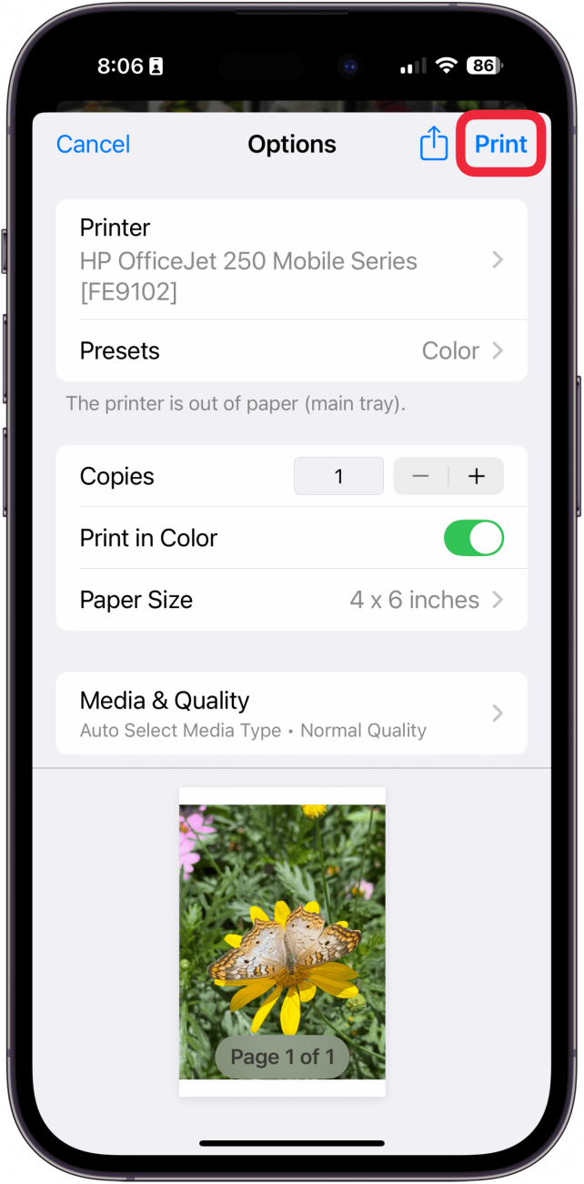 tap print to print photo