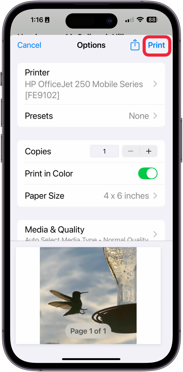 tap print to print photo from iphone