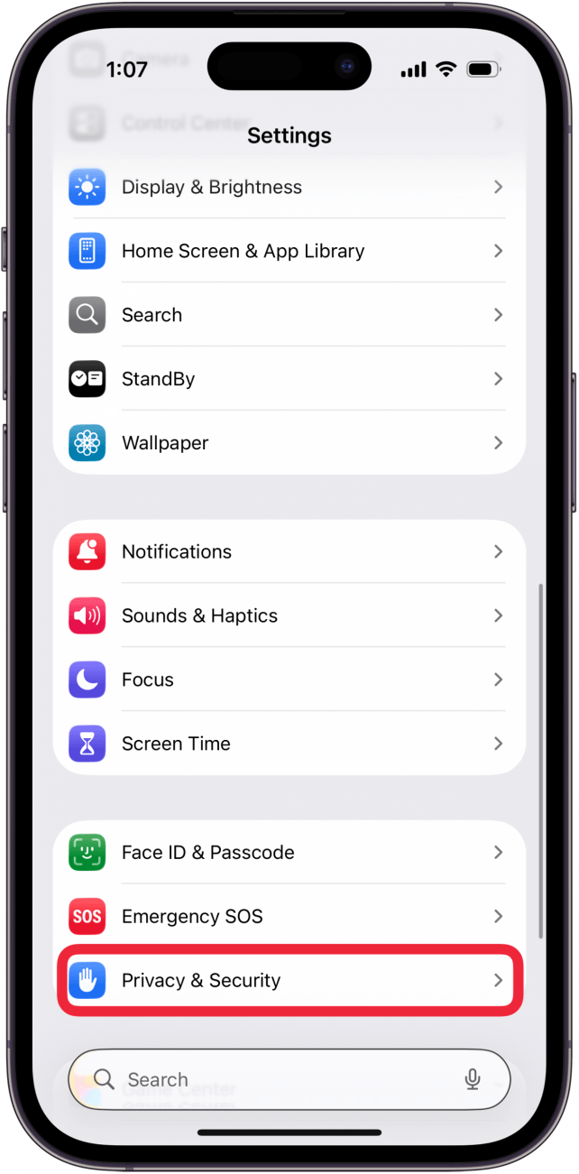 tap privacy and security in settings