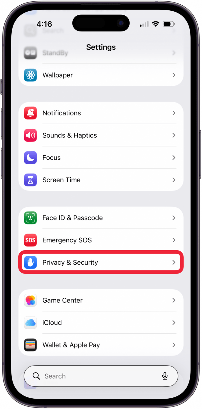 tap privacy and security in iphone settings