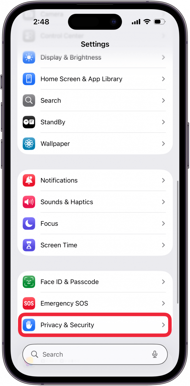 tap privacy and security in settings