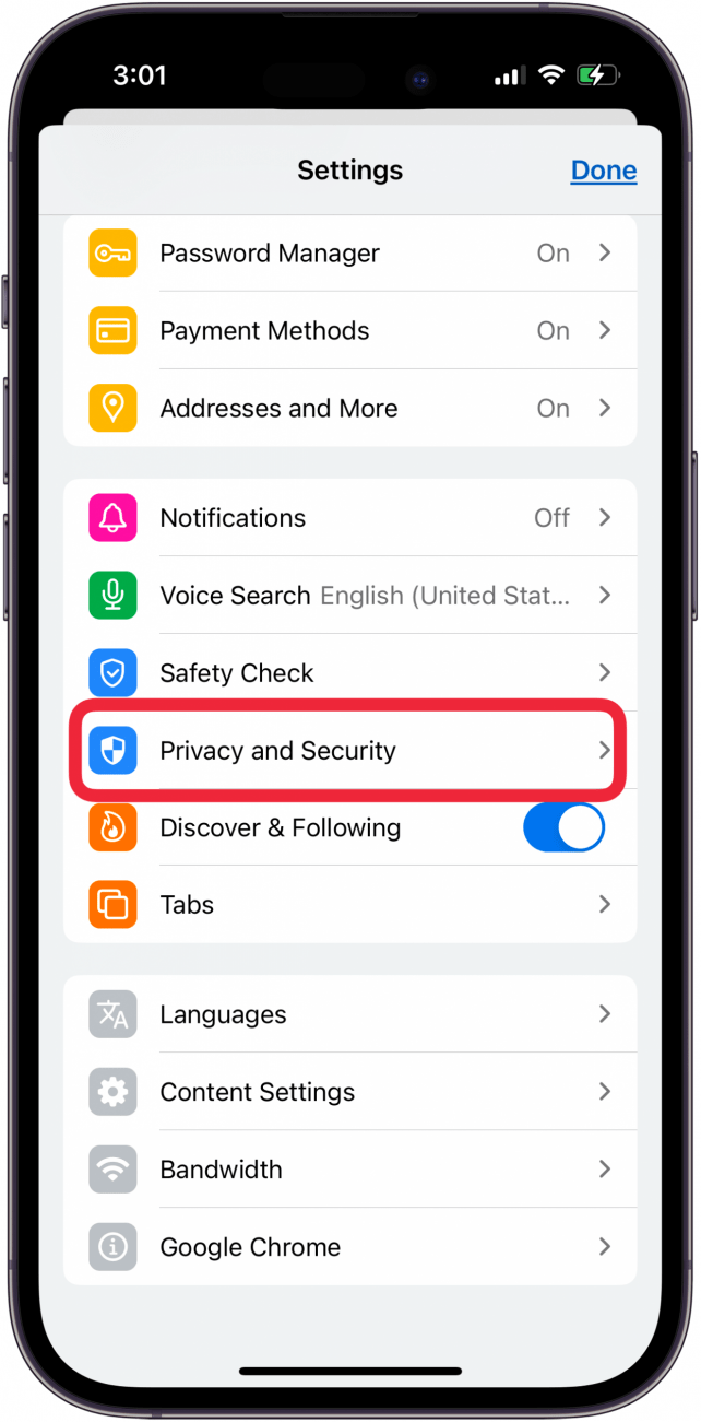 tap privacy and security to lock incognito mode iphone tabs