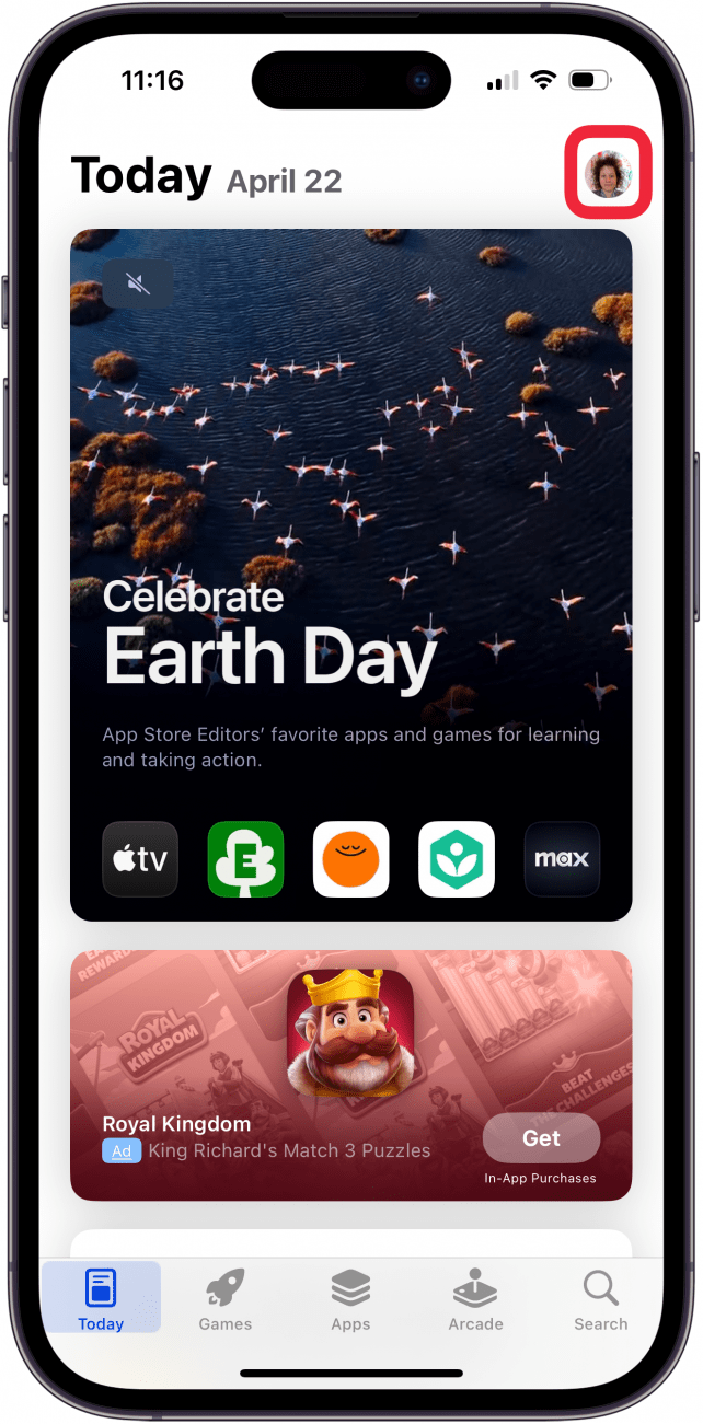 tap profile icon in app store app