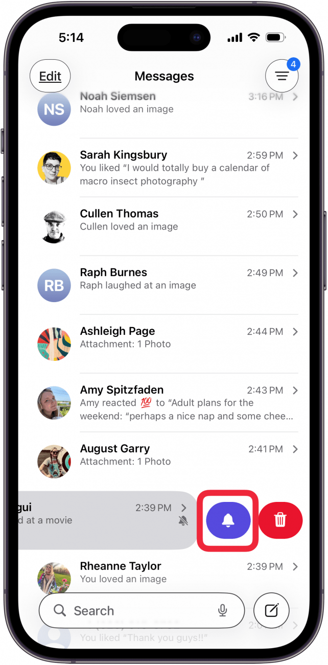 tap purple bell icon to turn off notifications from one contact