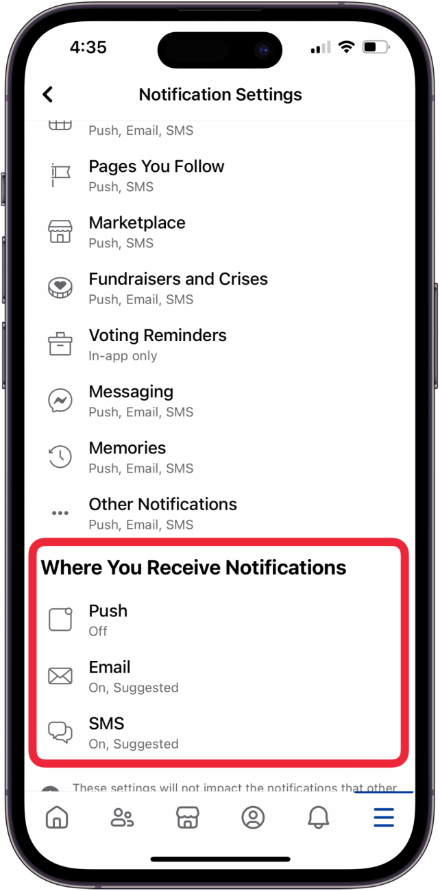 tap push email and sms to change facebook notifications