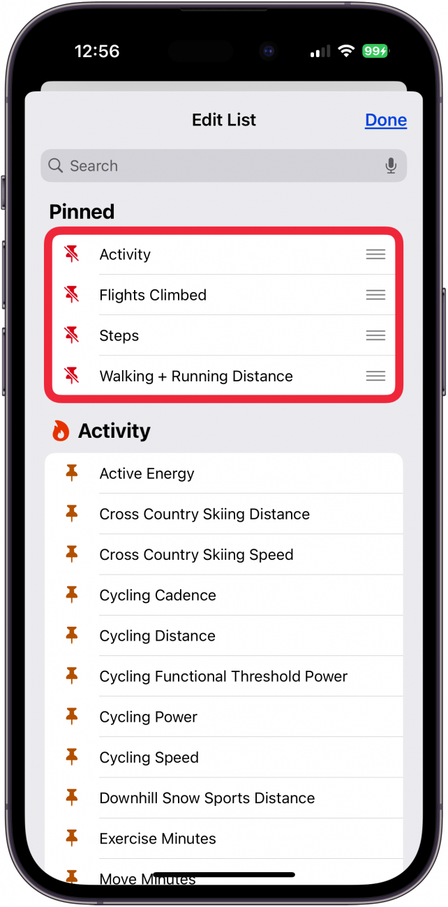 tap push pin icon to turn on step counter iphone