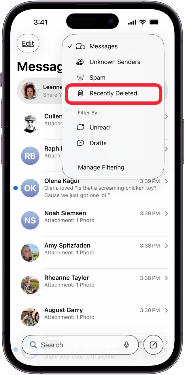 tap recently deleted