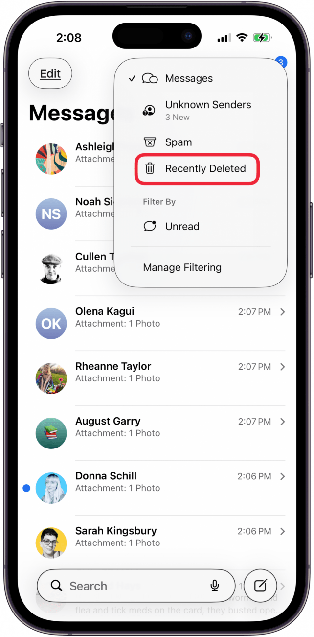 tap recently deleted from menu