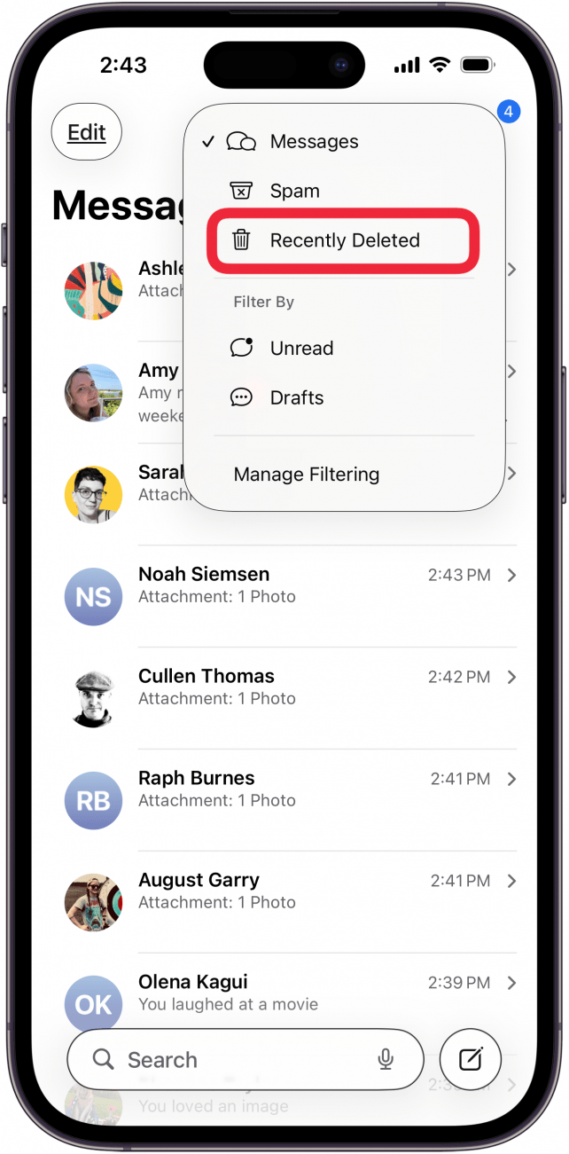 tap recently deleted in messages menu
