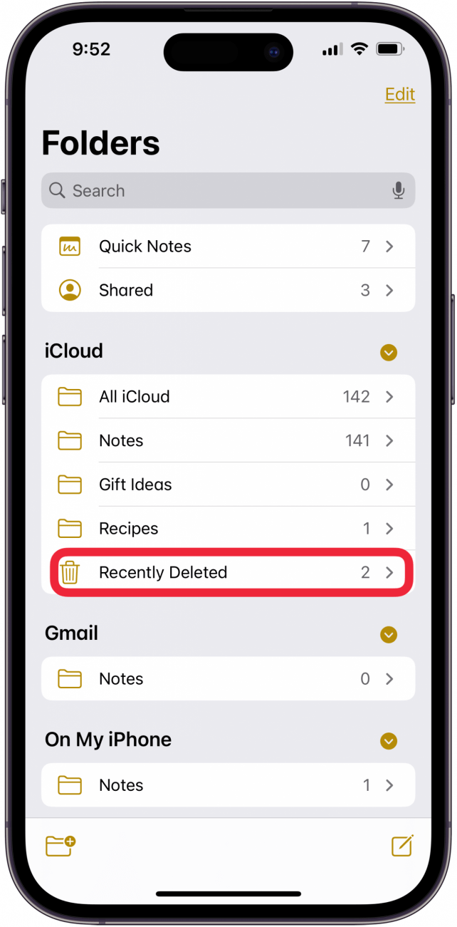 tap recently deleted to empty iphone recycle bin in notes