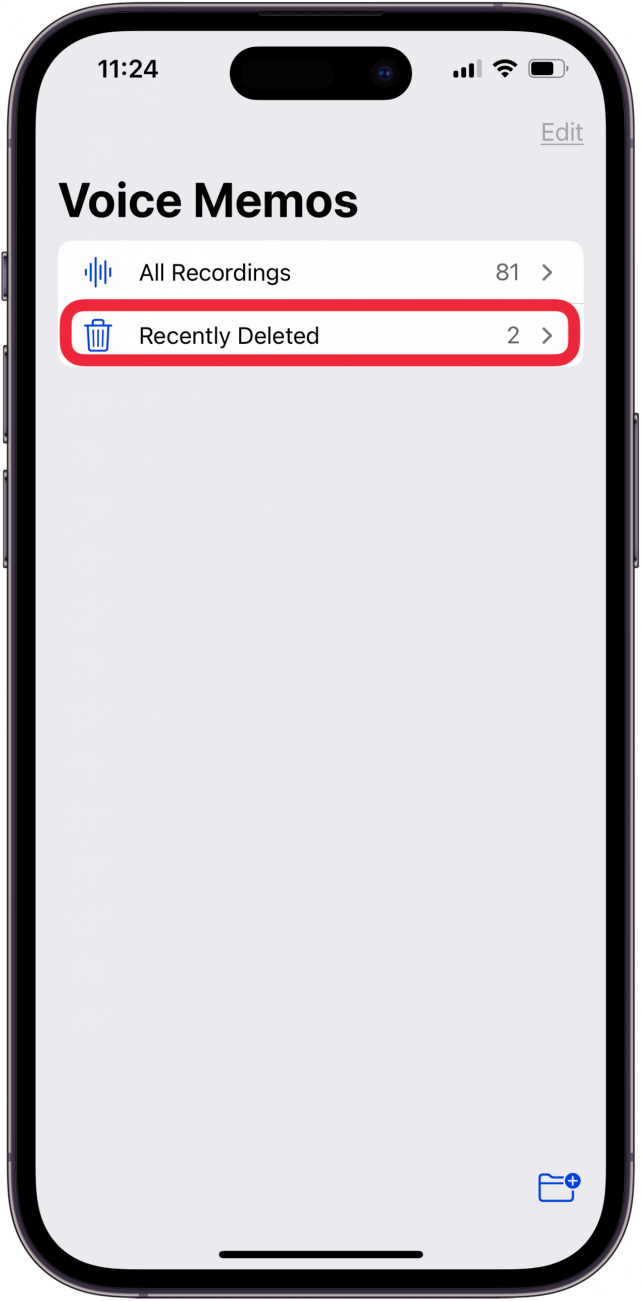 tap recently deleted to empty recycle bin in voice memos app