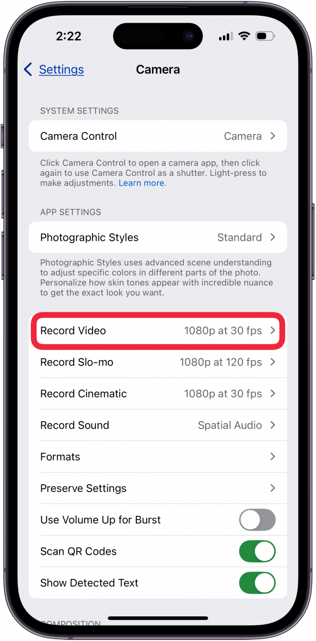 tap record video in iphone camera settings