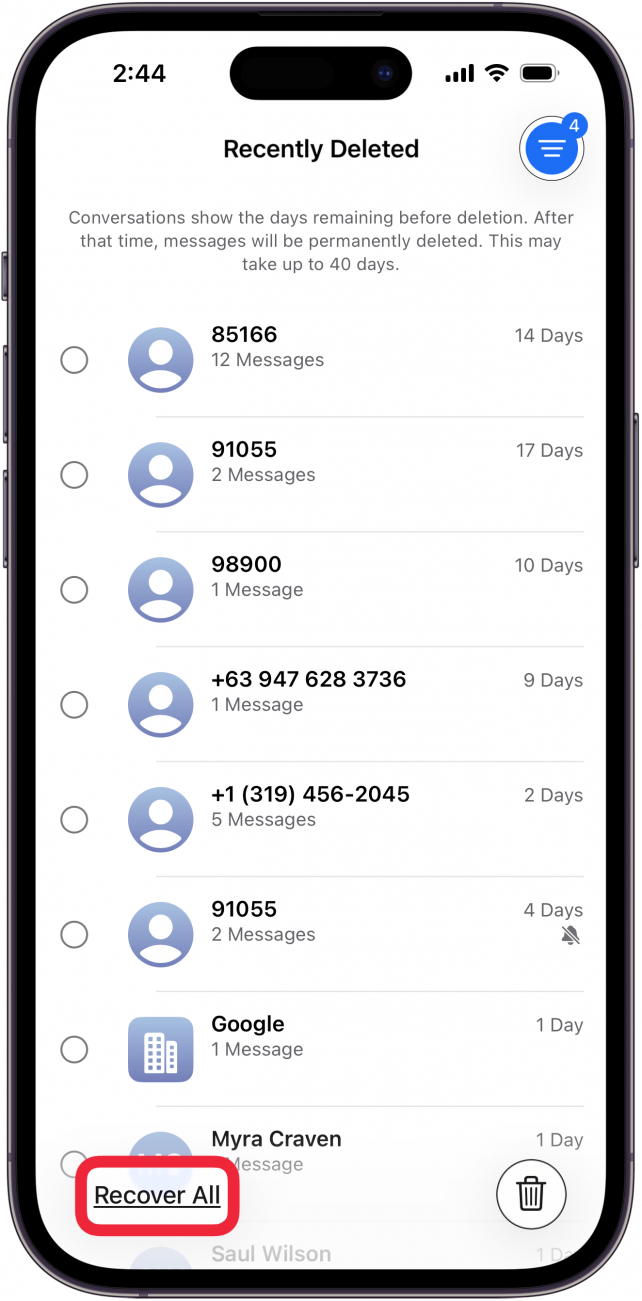tap recover all to recover all deleted messages