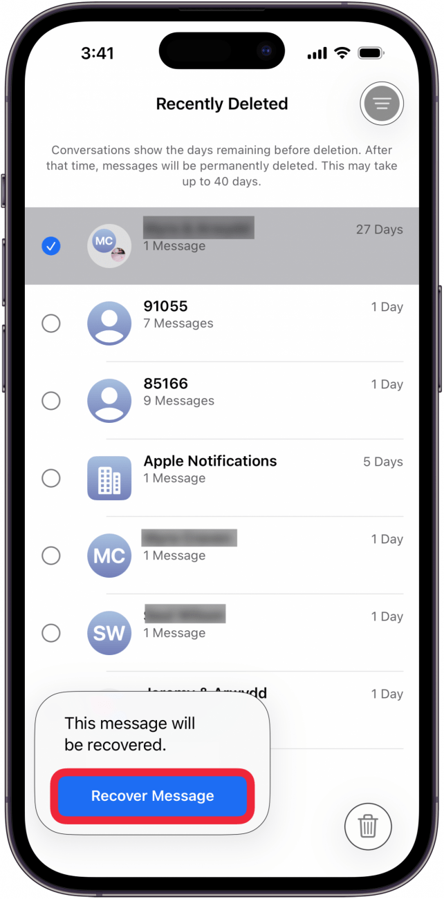 tap recover message again