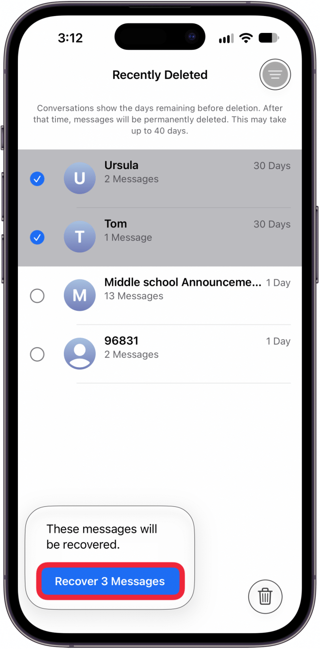 tap recover number of messages