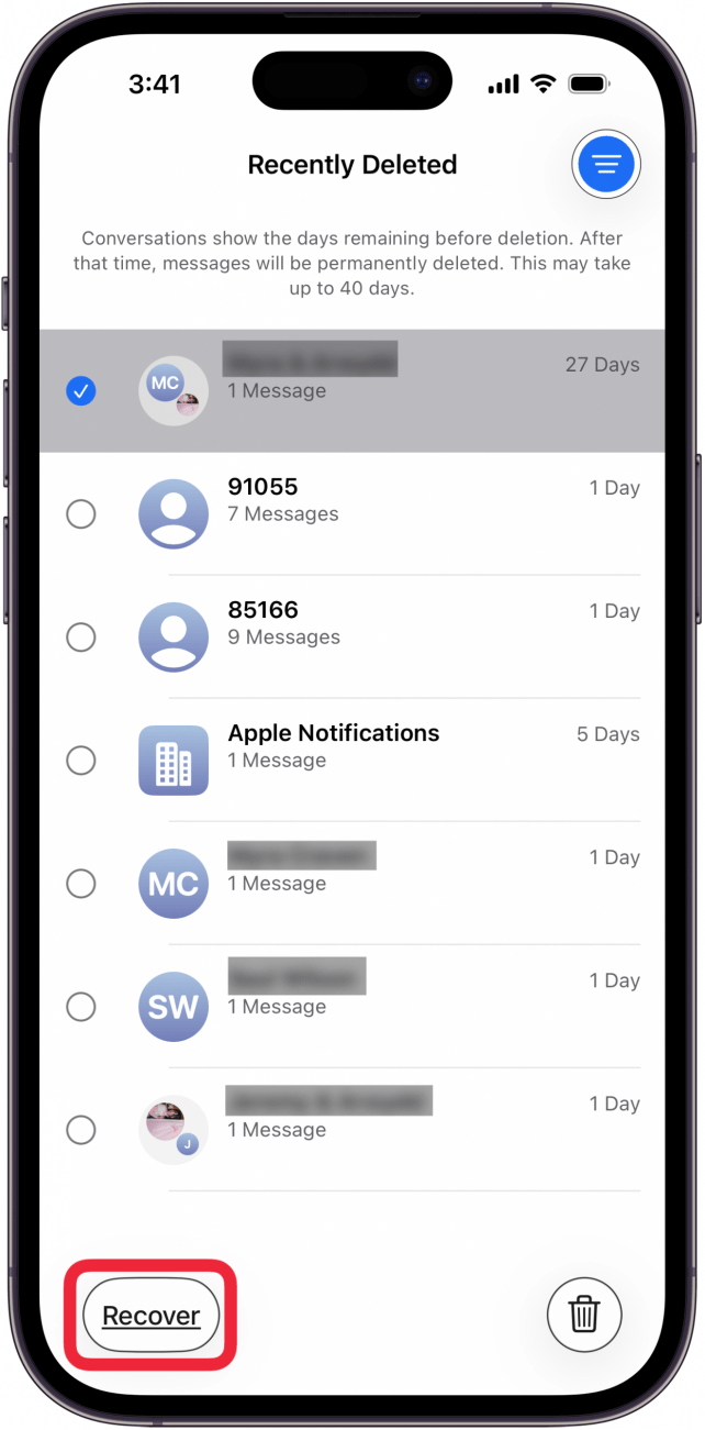 tap recover to recover deleted message